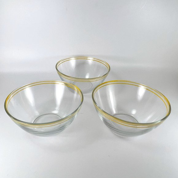 Vtg Arcoroc France Bowls Cereal Salad Soup Clear Glass Yellow Stripes Lot of 3 - Picture 2 of 11